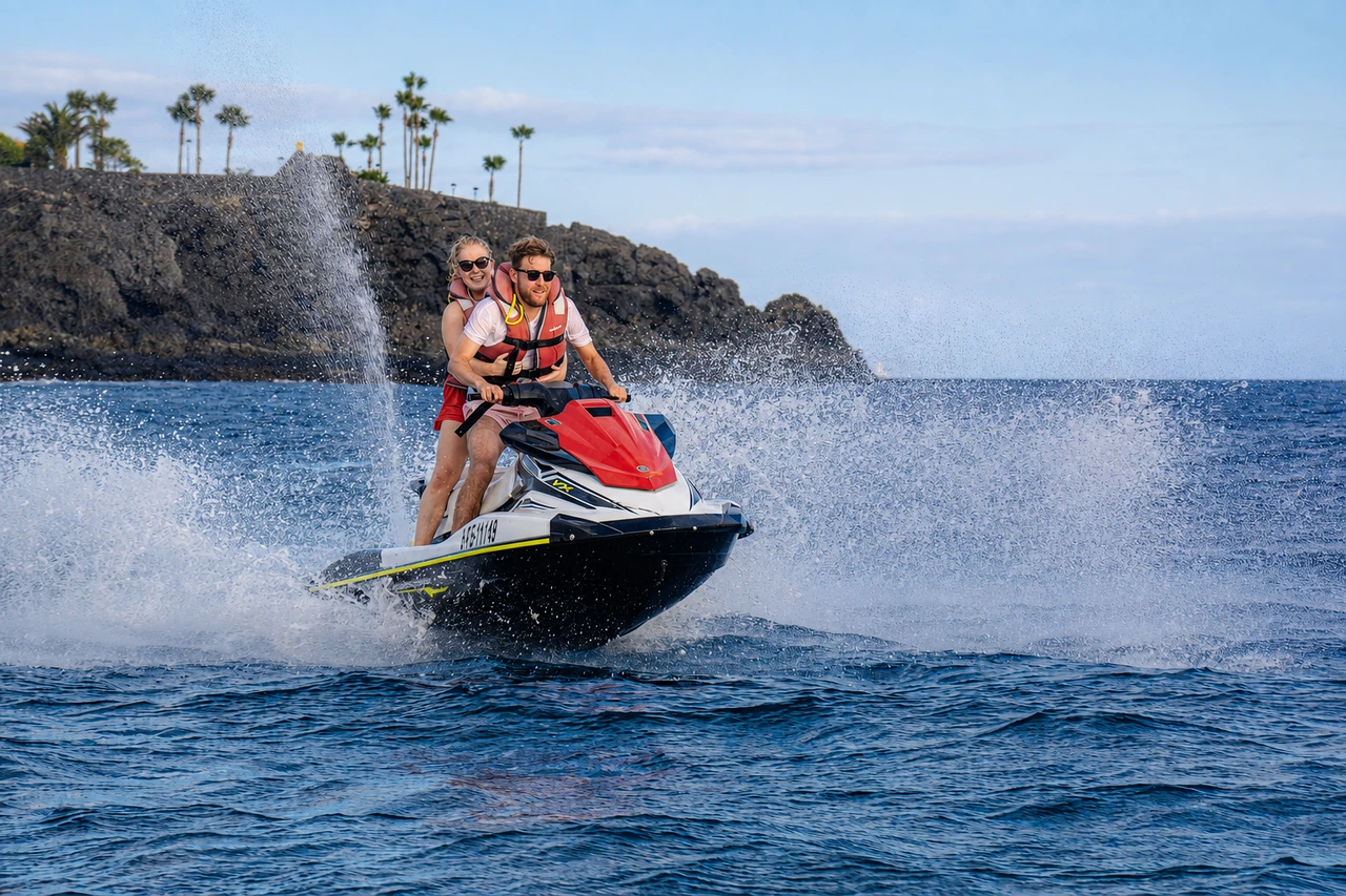 Two riders on a Yamaha jet ski off the south coast of Tenerife